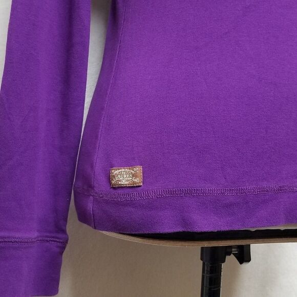 RALPH Lauren Purple Brown Faux Suede Elbow Patch Shoulder Zip Long Sleeve Top - Picture 7 of 13